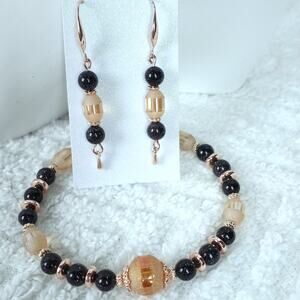 HANDMADE-Blue Goldstone and Etched Crystal Bracelet & Earrings Set